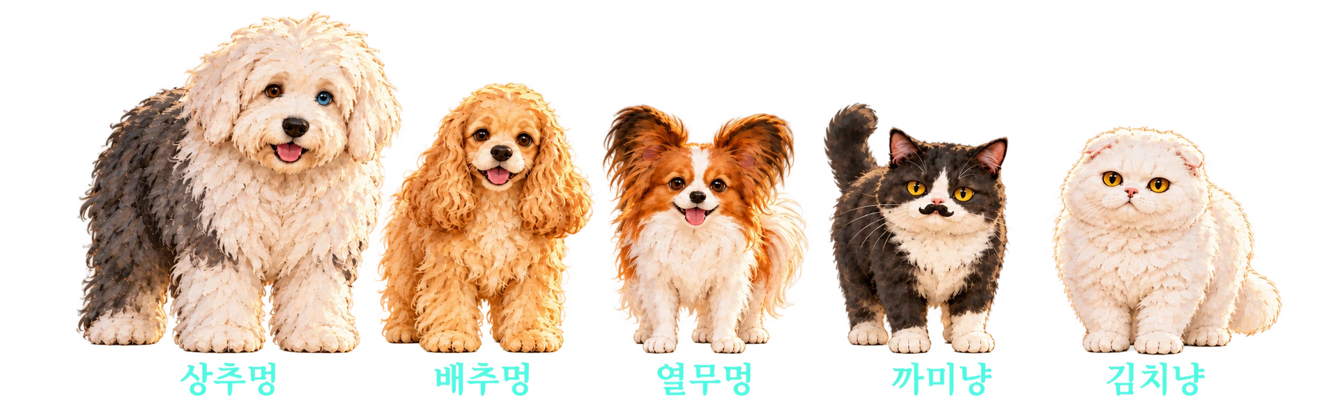 왼쪽부터 상추멍, 배추멍, 열무멍, 까미냥, 김치냥 — 오둥이 캐릭터 소개