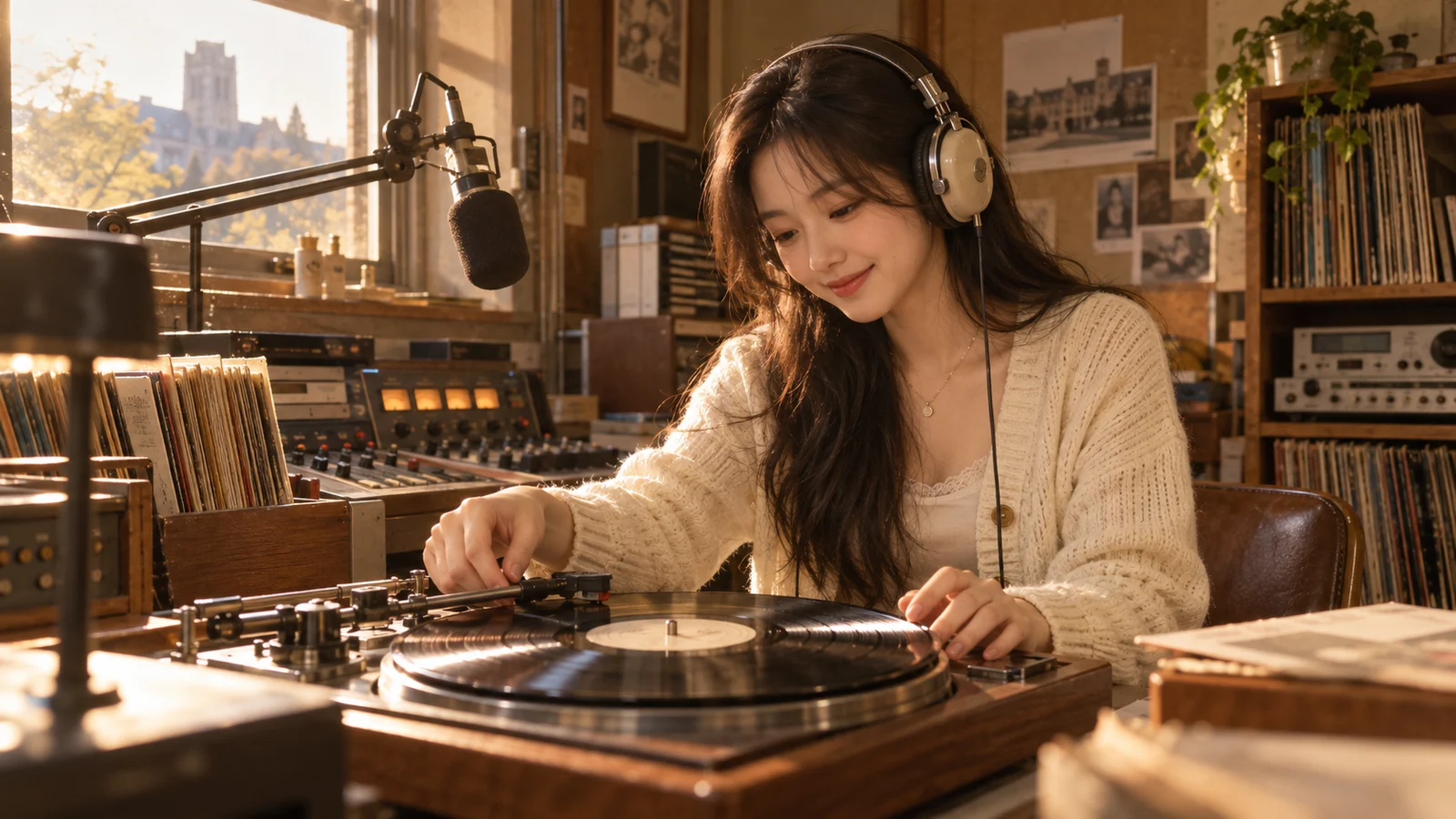 따뜻한 아침 햇살 속에서 레코드판을 돌리는 성인 여성 DJ