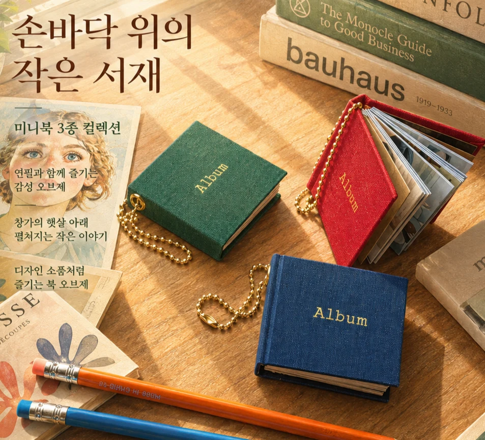그린·레드·네이비 미니북과 손바닥 위의 작은 서재